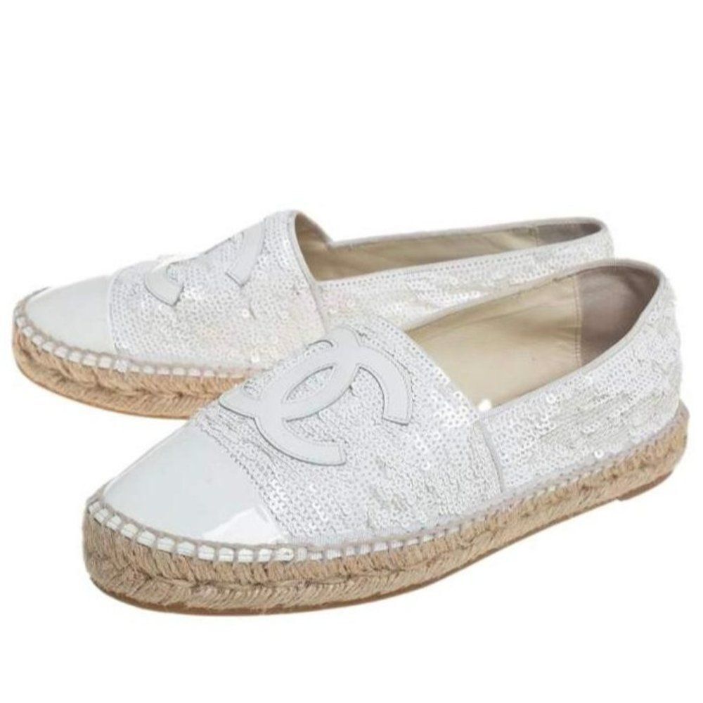 CHANEL White Woven Interlocking CC Logo Sequin Flat Espadrilles Size EU37 - Picture 3 of 15